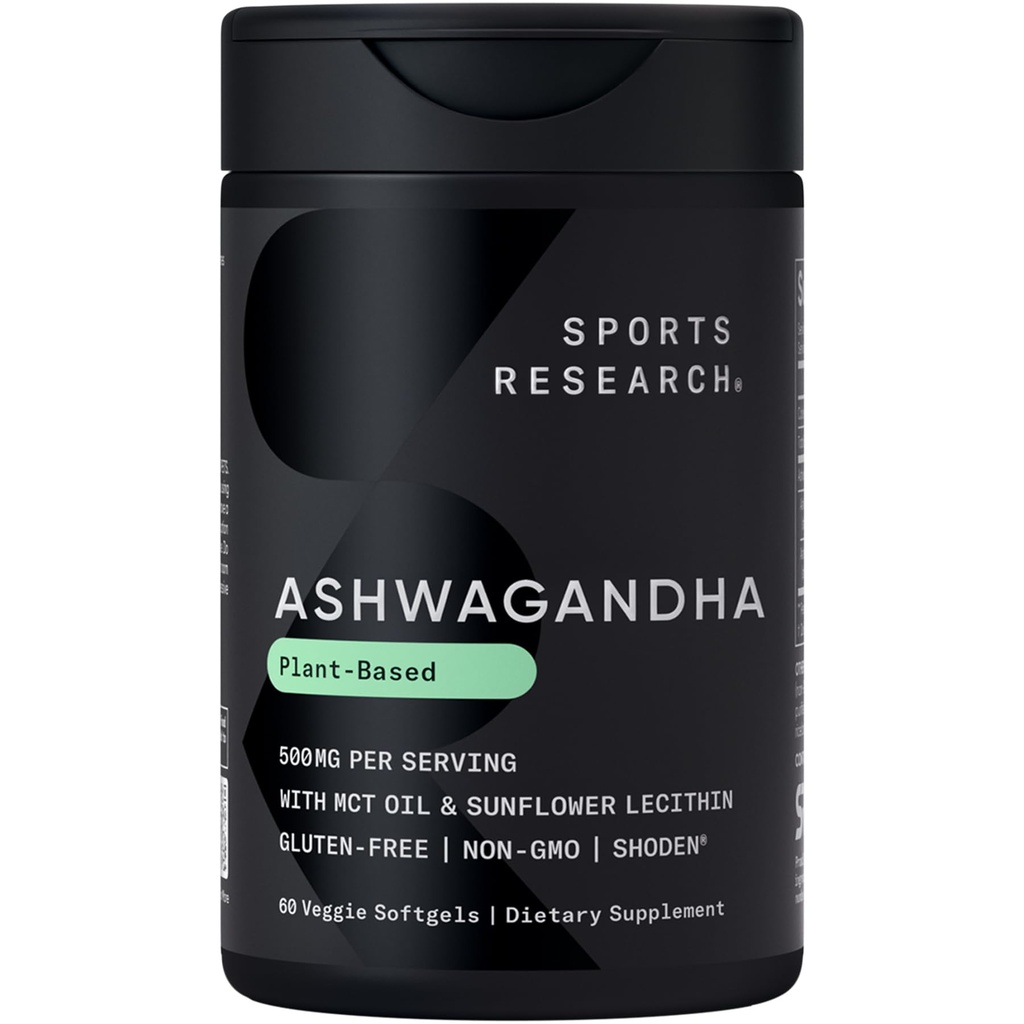 Sports Research® Ashwagandha Softgels à l'huile de noix de coco MCT - Adaptogène naturel fabriqué avec Shoden® Ashwa pour la relaxation, le calme et le sommeil - Sans gluten et respectueux des végétaux - 60 Comte