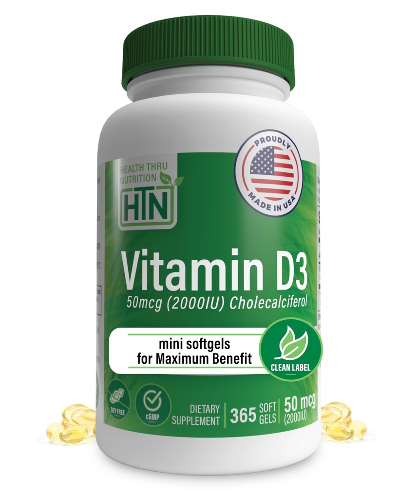 Santé Thru Nutrition Vitamine D3 2000iu 365 Mini Softgels pour des avantages maximaux. Grade en EVOO-Immune Health Support