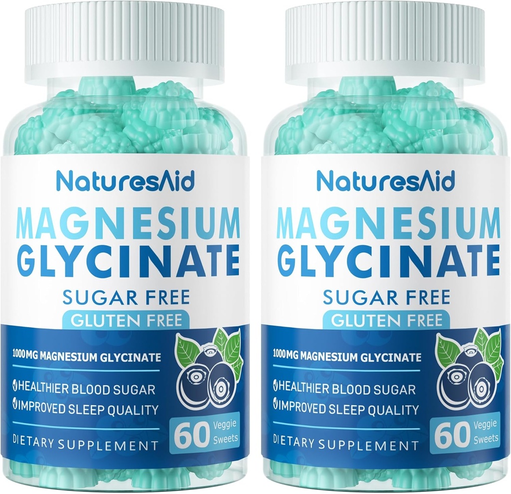 Glycinat de magnésium Gommies 1000mg - Supplément de potassium de magnésium sans sucre avec vitamine D, B6, CoQ10 pour calme d'humeur et de sommeil - 120 Gommies de bleuets -2 Pack