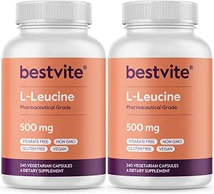 BESTVITE Sans remplissage L-Leucine 500mg par gélule (480 Capsules végétariennes) (240x2) – Pas de stéarates, Pas de remplissage – Vegan, Non-OGM, Supplément de leucine sans gluten – Supplément d'acide amino essentiel