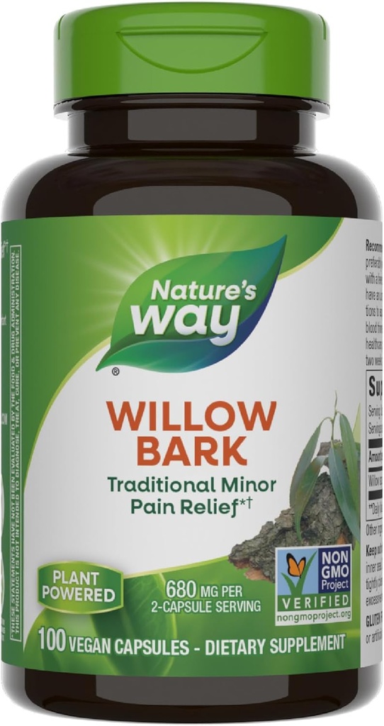 L'écorce de saule de la nature, soulagement traditionnel du malaise dû à la surexposition occasionnelle*, projet non-OGM vérifié, 680 mg par portion, 100 capsules véganes