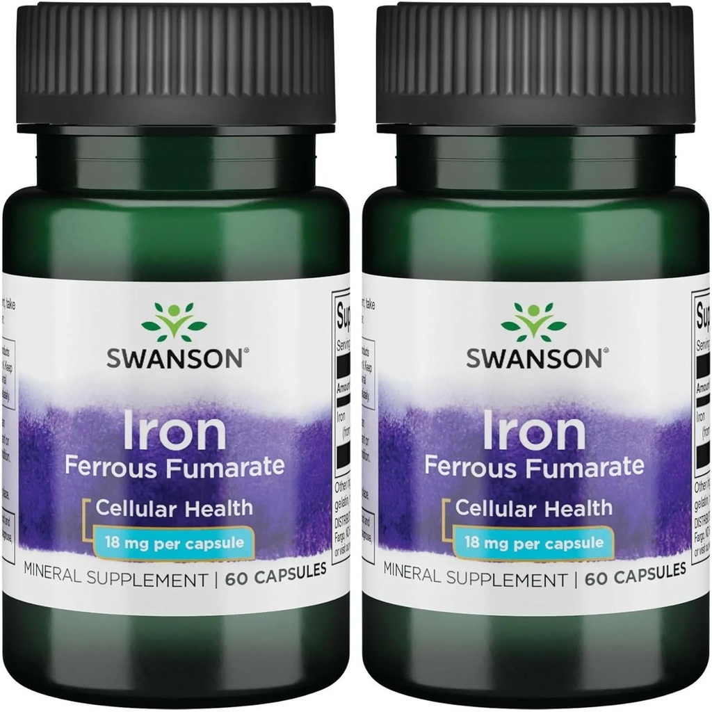 Swanson Iron (Fumarate ferreux) - Supplément minéral favorisant le soutien énergétique - Formule à haute concentration aide à la livraison d'oxygène et au métabolisme de l'acide gras 60 gels (2 paquets)