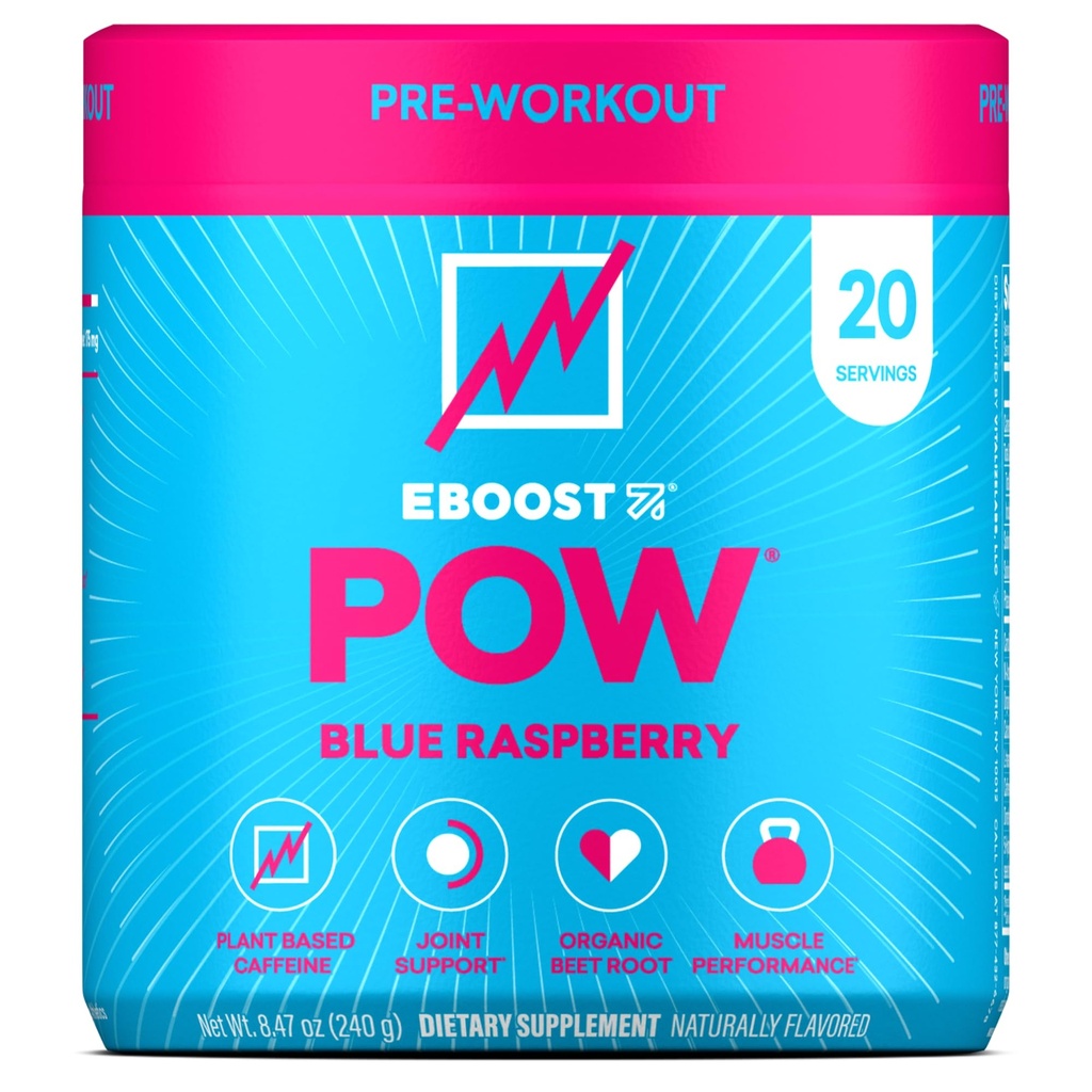 EBOOST POW poudre naturelle de pré-entraînement – 20 portions - framboise bleue - un supplément de pré-entraînement pour la performance, le soutien de la mobilité conjointe, l'énergie - hommes et femmes - non-OGM, sans gluten, sans créatine