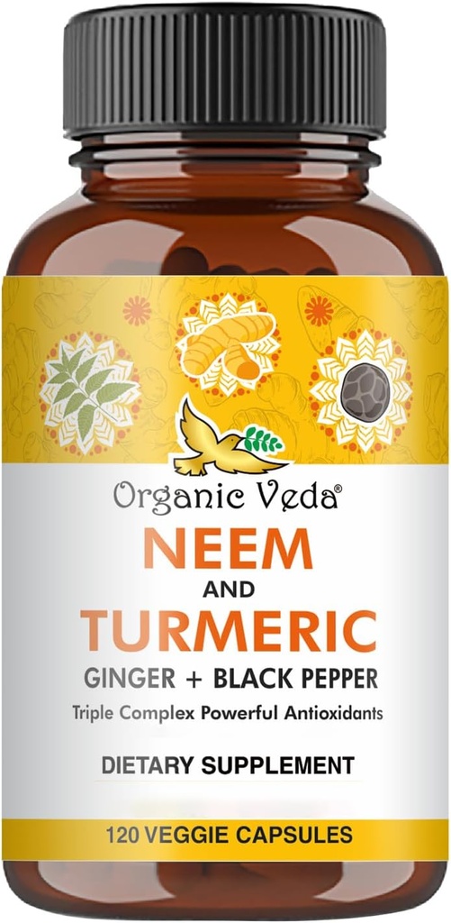Capsules Veda Neem et Turmeric avec Ginger & Black Pepper - Neem Leaf, Turmeric, Ginger, Black Pepper Capsule Supplément - Vegan, Non-OGM - 120 Compte