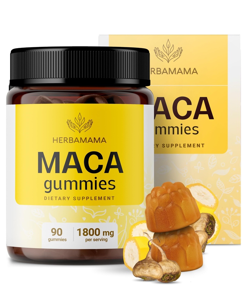 HERBAMAMA Maca Racine Gommies - 1800mg Maca Racine Extrait pour le soutien énergétique - Vegan, Supplément de soutien anti-oxydant non-OGM - 90 Pectines à base de bananes aromatisées