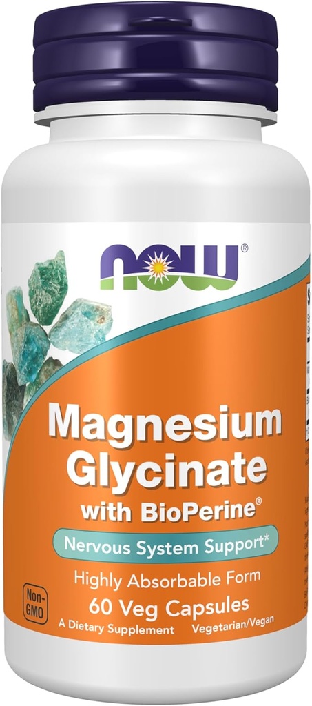 MAINTENANT Aliments Suppléments, Glycinate de magnésium avec BioPerine, 60 Capsules de Veg