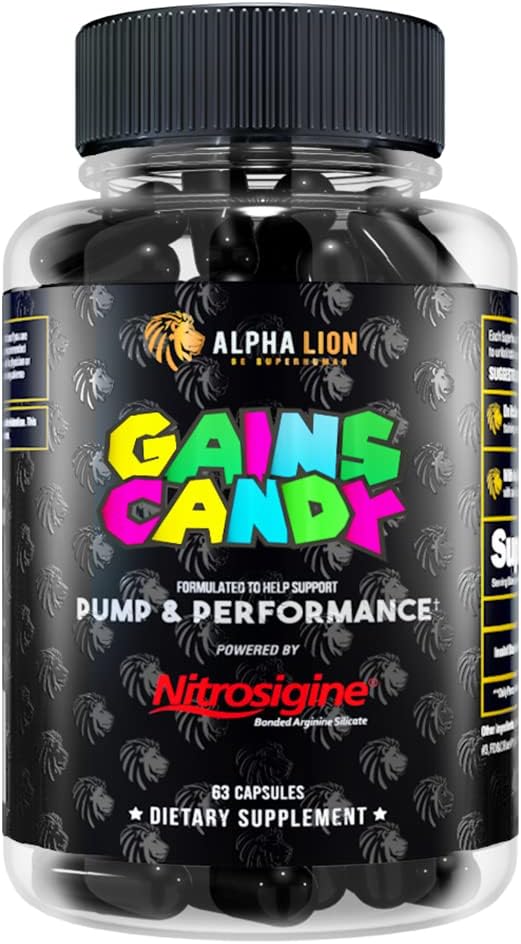 ALPHA LION gagne Candy, pilules supplémentaires pour la pompe musculaire et le flux sanguin, booster d'oxyde nitrique, soutient la concentration mentale, utiliser quotidiennement pour améliorer la performance d'entraînement, 63 capsules (Nitrosigine)