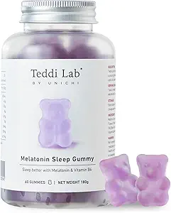 Unichi Mélatonine Gummy, formule scientifiquement avec 3mg de mélatonine et 4mg de vitamine B6 pour améliorer la qualité du sommeil, 0 sucre, sans gluten, non-OGM, grande dégustation de la lavande citron, 60 comte
