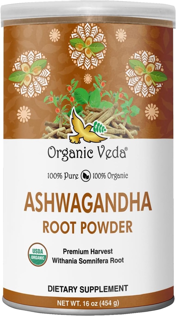 Poudre de racine Veda Ashwagandha biologique, 16 oz - Supplément en poudre 100% pur et naturel Ashwagandha, Withania Somnifera - Améliore l'humeur, l'endurance, le soutien immunitaire, l'énergie - végétalien, non-OGM