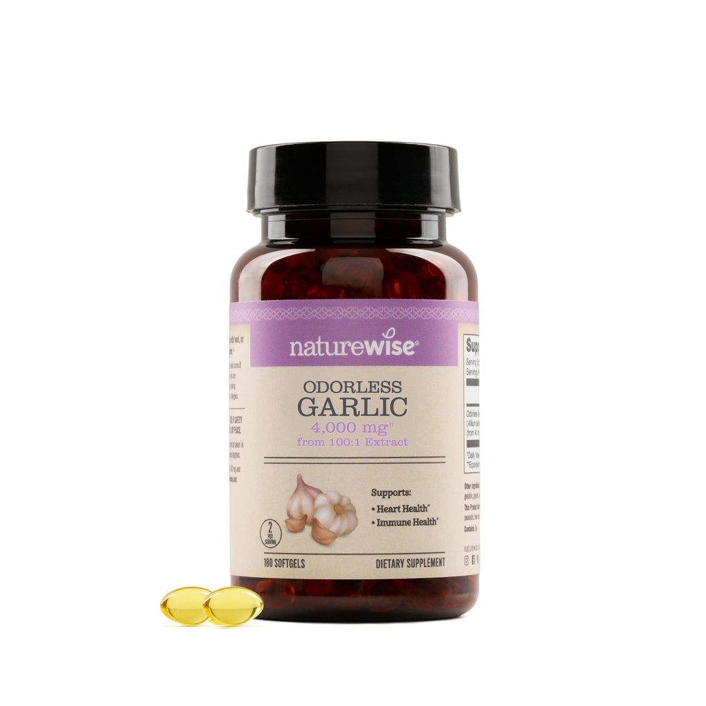 NatureWise Supplément à l'ail sans odorat 4000mg - Extrait ultra-potent 100:1 - Formule de cholestérol sain, soutien de santé cardiaque - Non-OGM, sans gluten, avec gélatine halal - 180 Nombre[90-jour de réserve]