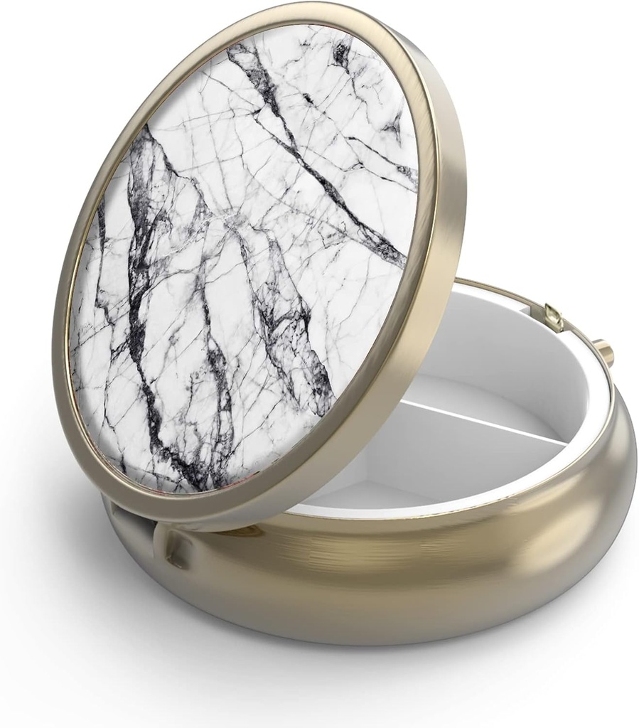 Pill Case Pill Box with Mirror Retro 3 Compartiment Petite Pill Case for Purse or Pocket Bronze Petite Pill Box or Vitamines, Huile de poisson, Suppléments, Pill Containe Travel Gifts( Marbre blanc)