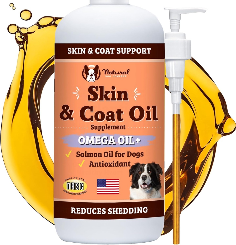 Natural Dog Company Skin & Coat Oil (16 oz.), soutient la santé de la peau, suppléments d'huile de poisson pour les chiens, doux manteau, huile de poisson et de lin, acides gras, bouteille d'huile de poisson de chien avec pompe, antioxydant