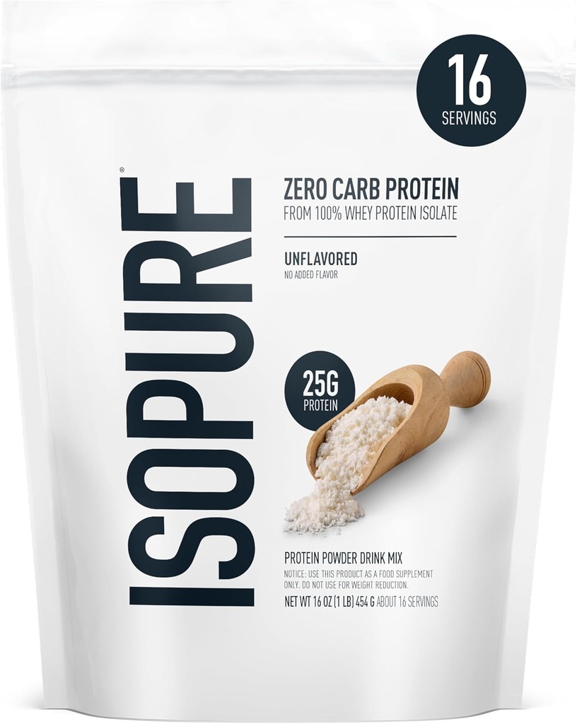 Isopure Zero Carb 100% pur poudre de protéines isolées de lactosérum, sans gluten, avec des vitamines, non aromatisées, 25g de protéines par portion, 1 Lb, 16 portions (paquetage mai Vary)