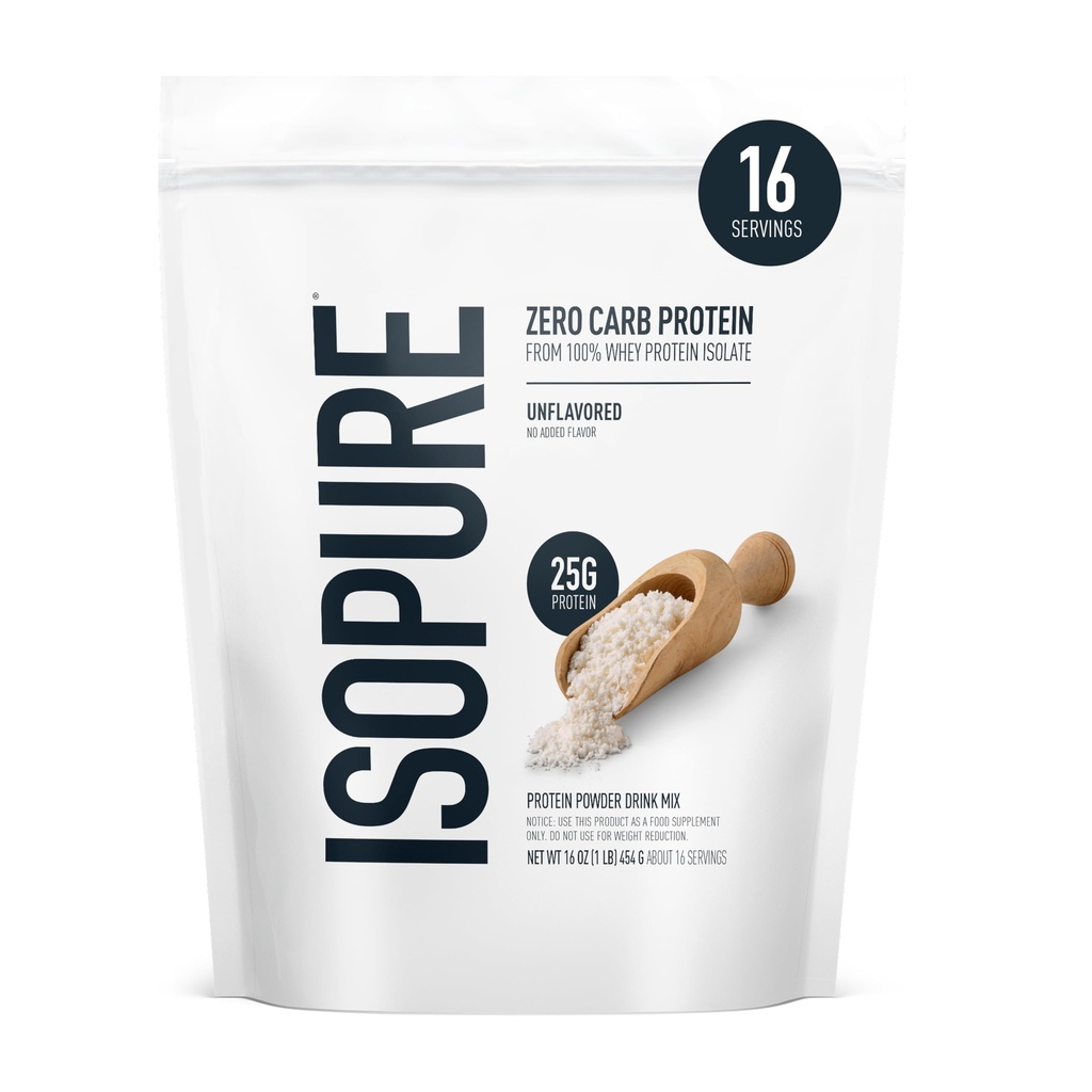 Isopure Zero Carb 100% pur poudre de protéines isolées de lactosérum, sans gluten, avec des vitamines, non aromatisées, 25g de protéines par portion, 1 Lb, 16 portions (paquetage mai Vary)
