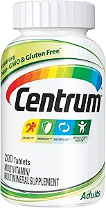 Supplément multivitamine/multiminérale pour adultes Centrum avec antioxydants, zinc, vitamine D3 et vitamine B, sans gluten, ingrédients non OGM - 200 Nombre