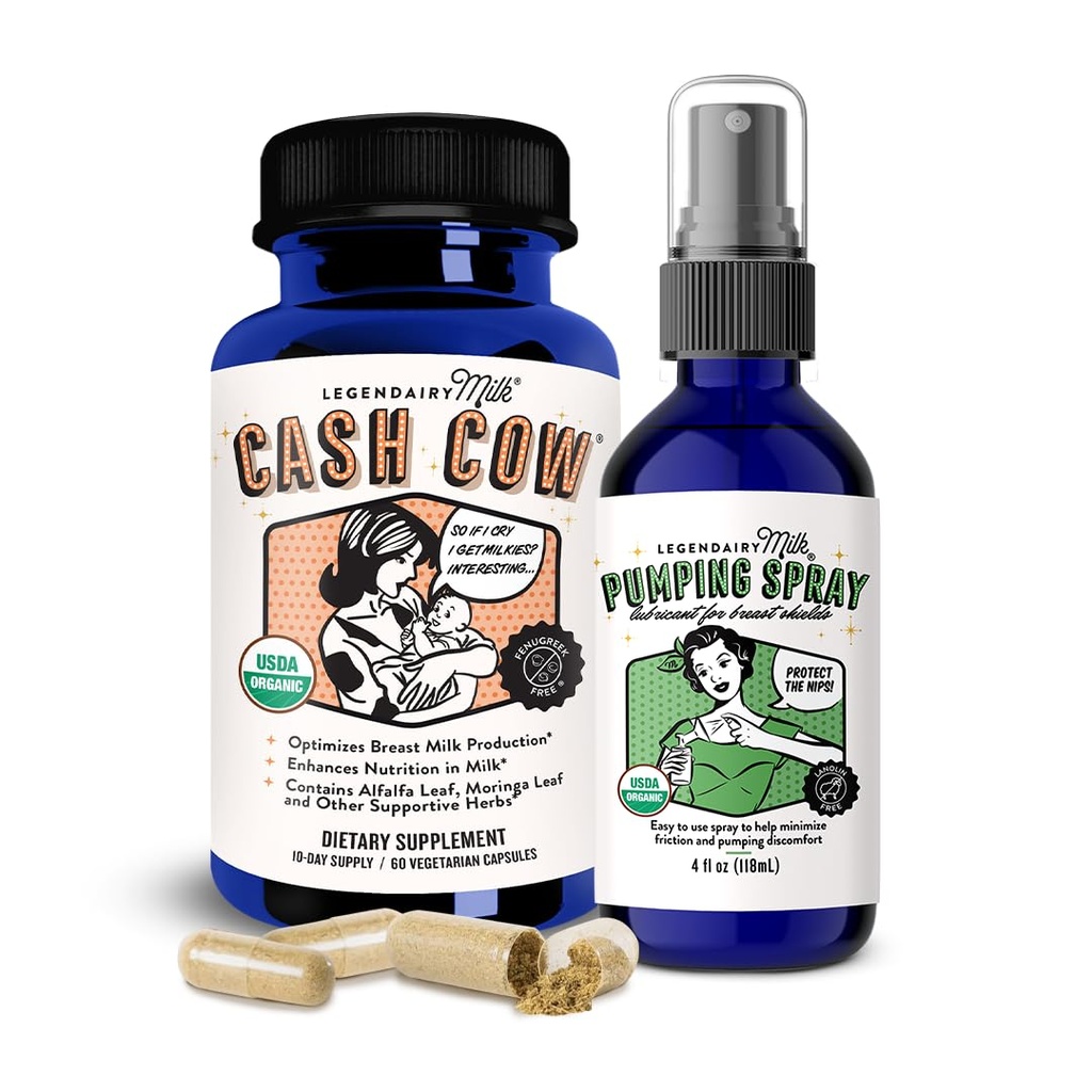 Legendairy Lait Cash Cow + Spray de pompage - Soutien d'allaitement et confort naturel pour les mamans allaitantes - Supplément d'allaitement qui aide avec les mamelons endoloris et les couettes obstruées