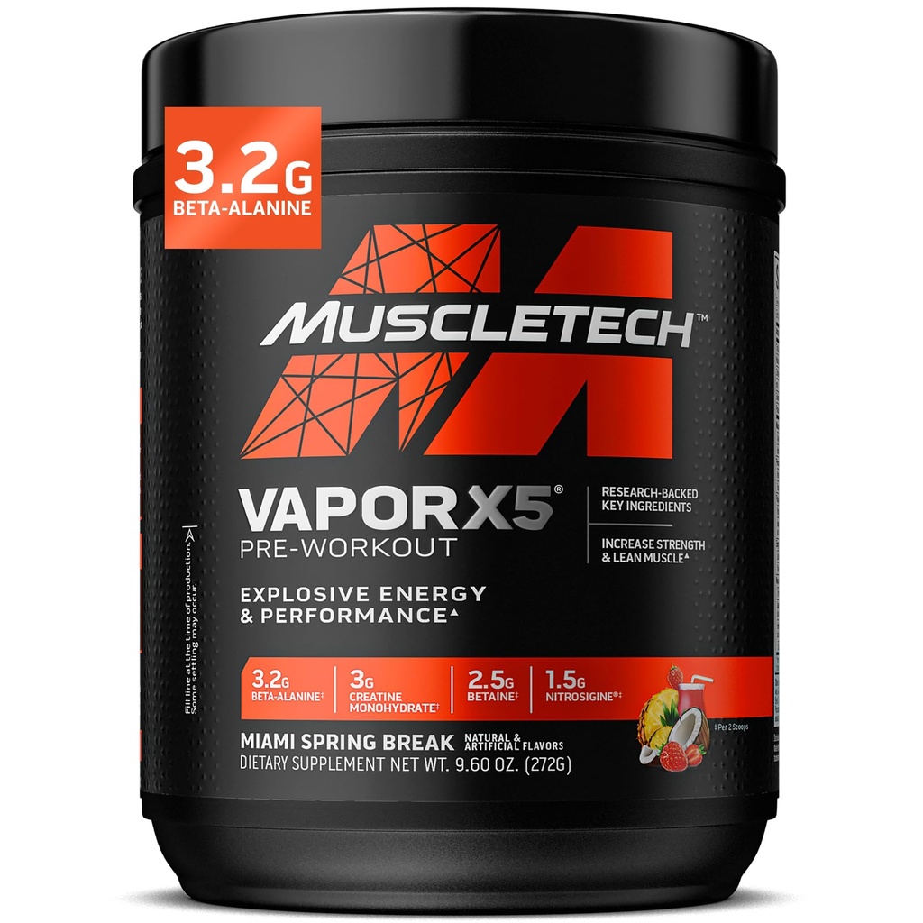 MuscleTech Poudre Pré-entraînement, Vapor X5 - Sports Nutrition Muscle Building Suppléments pour les femmes et les hommes - Intense Muscle Pump Energy Powder Drink Mix - Miami Spring Break, 272g (30 portions)