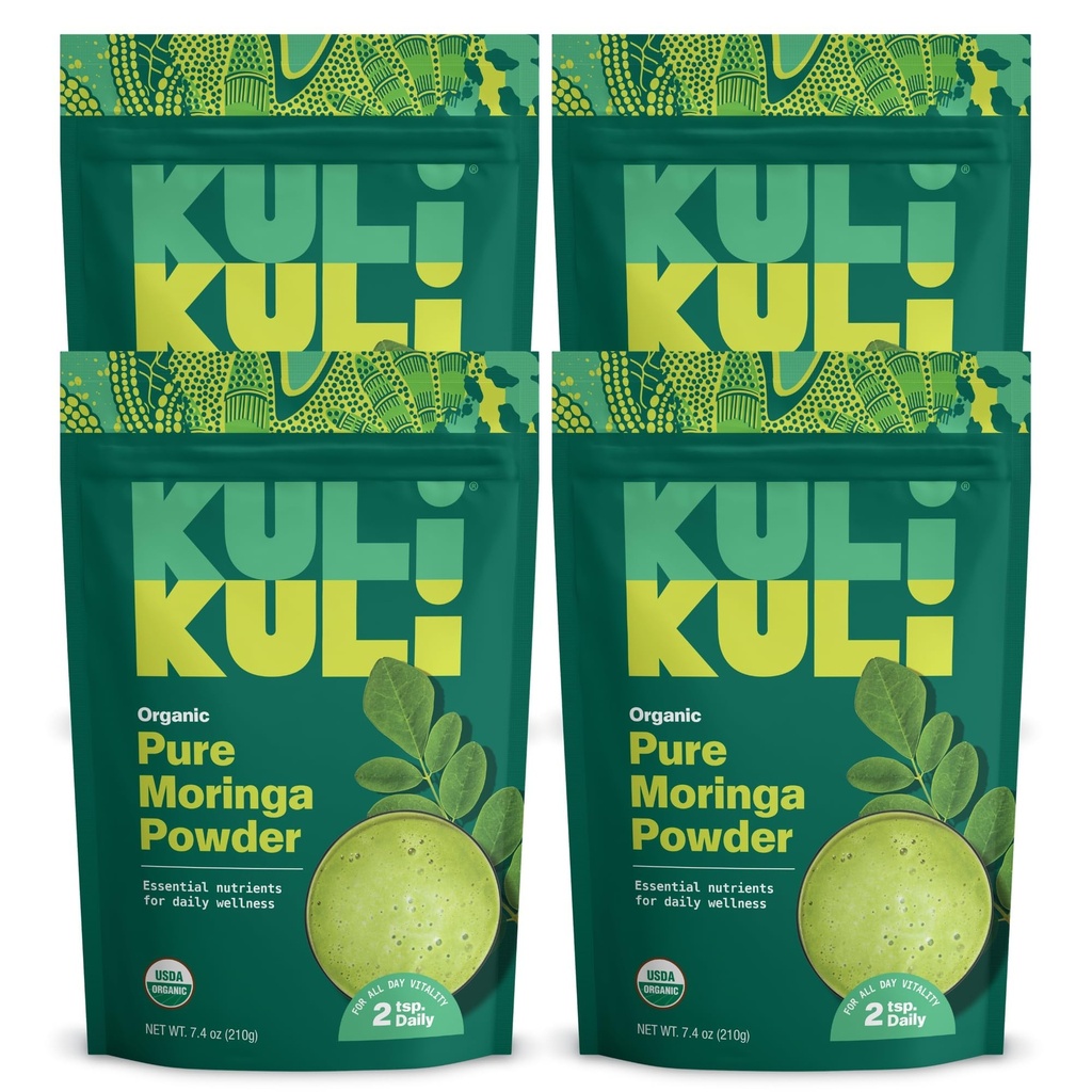 Kuli Kuli Moringa Oleifera Poudre de feuille biologique et smoothie verte, 100% pur USDA Certifié et poudre de Moringa non-OGM, parfait avec smoothies, thé et aliments, 4 Pack
