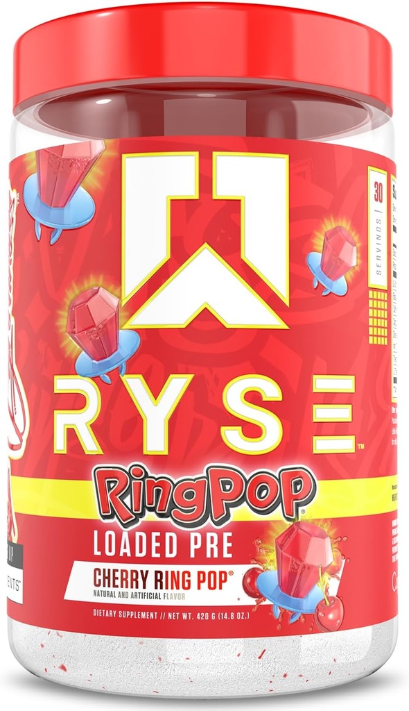 RYSE Charged Pre Workout Powder - Bague Pop Cherry - Pré-entraînement quotidien pour les hommes et les femmes avec 325mg de caféine, Beta Alanine et Citrulline pour pompe, focus et énergie - 30 portions