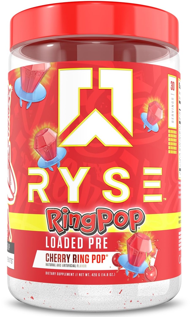 RYSE Charged Pre Workout Powder - Bague Pop Cherry - Pré-entraînement quotidien pour les hommes et les femmes avec 325mg de caféine, Beta Alanine et Citrulline pour pompe, focus et énergie - 30 portions