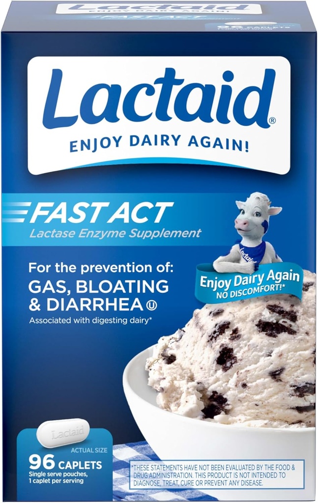 Lactaid Fast Act Caplets d'intolérance à la lactose avec enzyme de lactase, soulagement des produits laitiers par le gaz, le bluff et la diarrhée, 9000 pilules d'intolérance à la lactose de FAC, 96 trousses individuelles de voyage (96 x 1 ct)