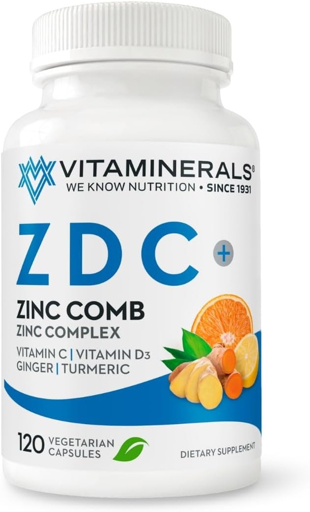 Vitamineerals® Z D C, Zinc Complex 50mg de vitamine D3 250mcg de vitamine C 500mg de gingembre de Lysine de Lysine de Turmeric de Capsules végétariennes de 120 portions