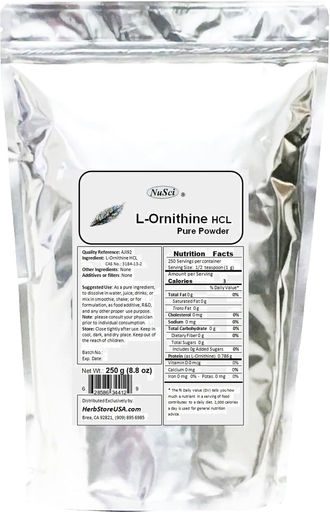 Poudre L-Ornithine pure 250g (8,8 oz) Qualité AJI