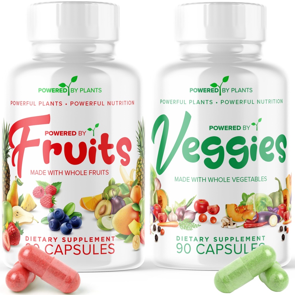 Supplément quotidien de fruits et légumes - 180 capsules pendant 30 jours, sans OGM et sans gluten Superfood avec des vitamines naturelles - Powered by Plants, 2-pack
