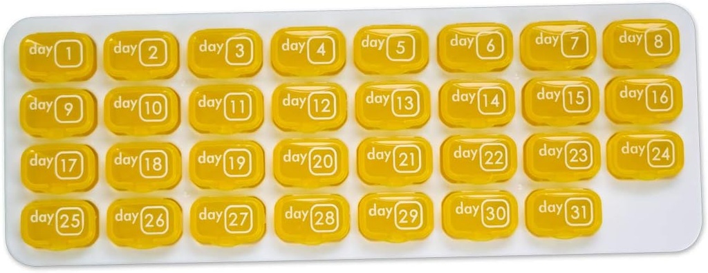 Organisateur mensuel de Pill Pod de 31 jours pour la gestion facile des médicaments - Restez sur la bonne voie avec le supplément quotidien de vitamine Boîtes Med, prêtes pour le voyage - Jaune