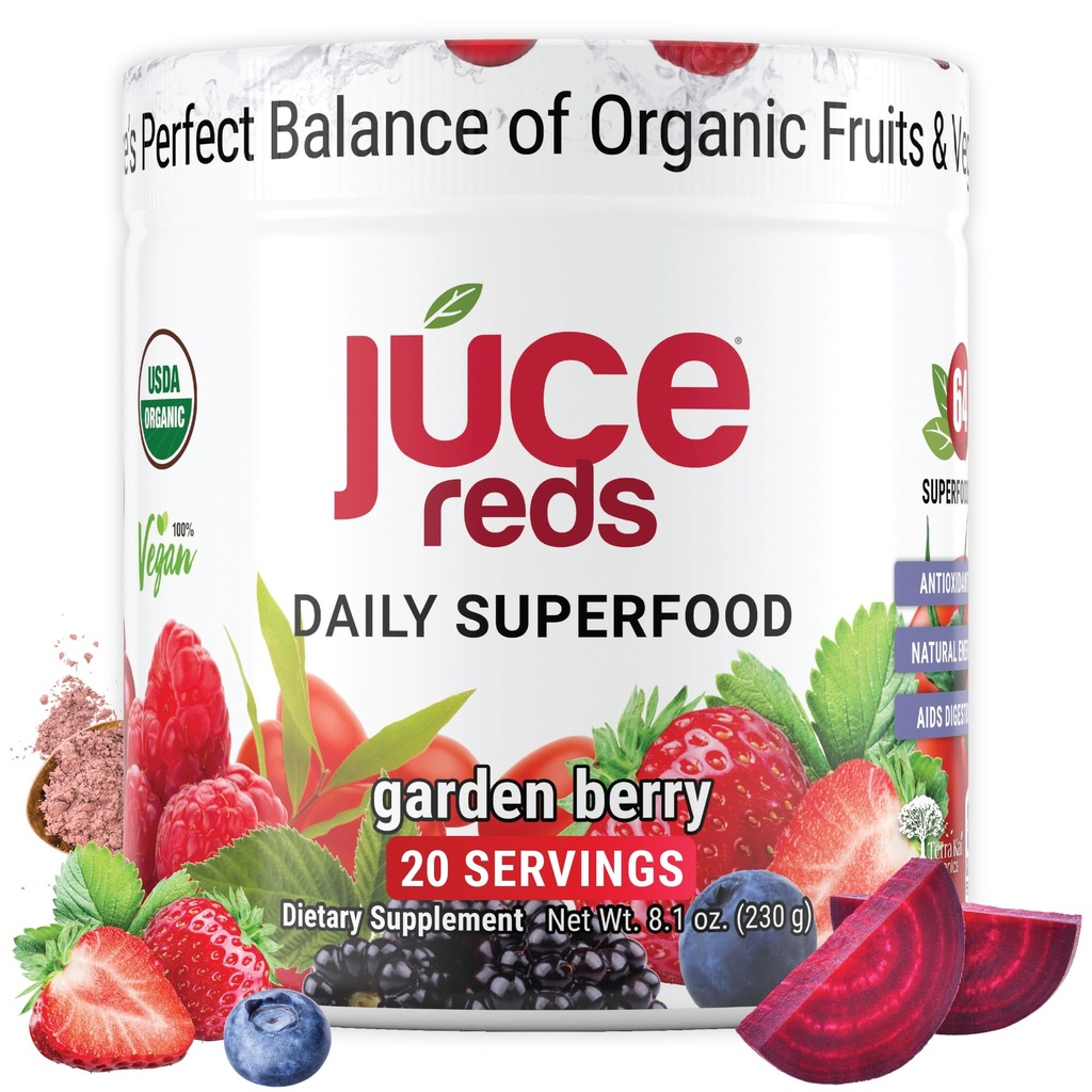 Terra Kai Organics JUCE Reds Superfood Poudre bio - Saveur de fruits et légumes de jardin pour tout le monde w/64 Immune Boosting Superfood Plus Probiotiques pour la santé des Guts 20 portions (230g)