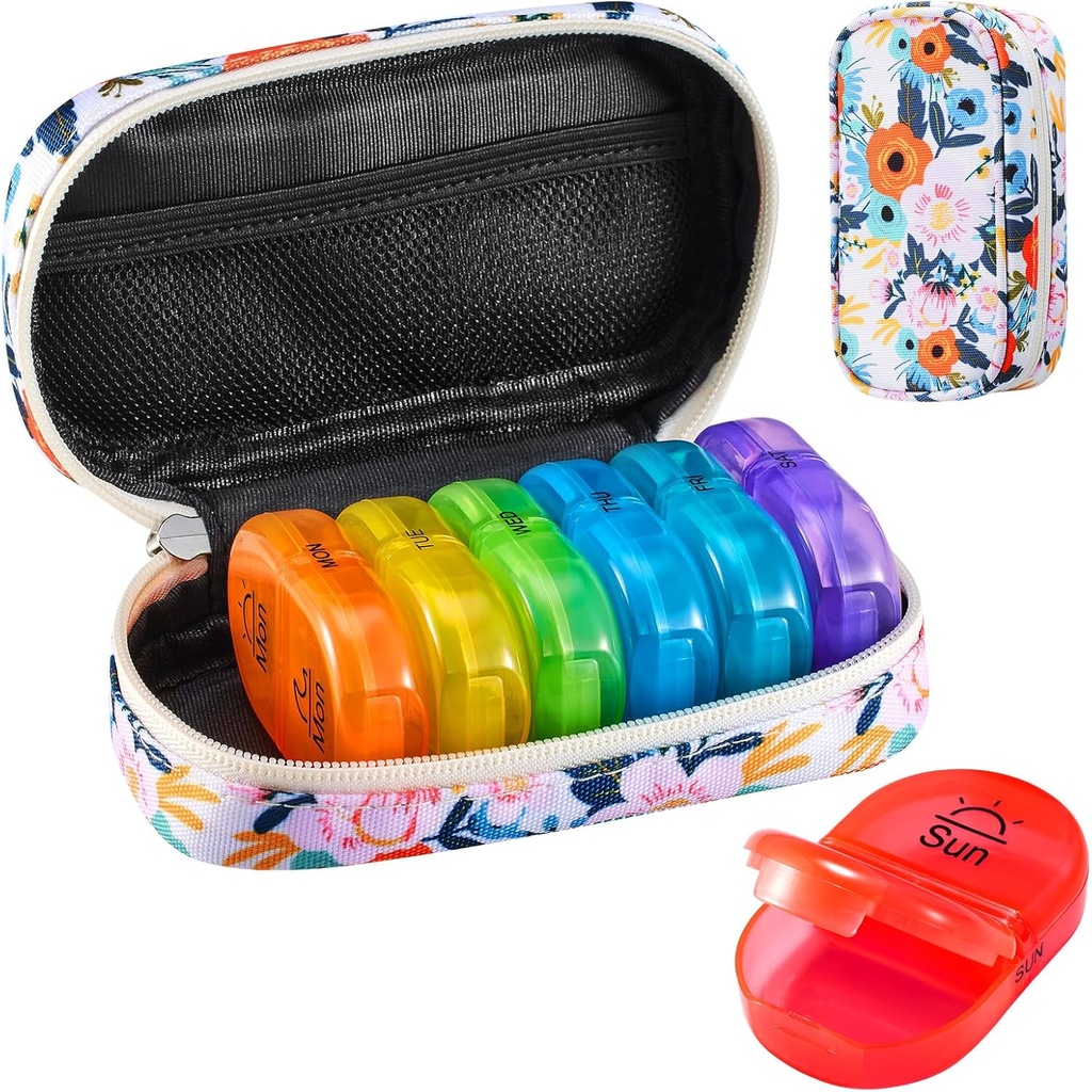 Serfeymi Weekly Travel Pill Organizer 2 fois par jour AM PM Upgraded Rainbow Pill Box 7 Day with Portable Zipper Toile Pill Case, Organisateur de médecine pour les pilules, vitamines, huiles de poisson - Bloom 01