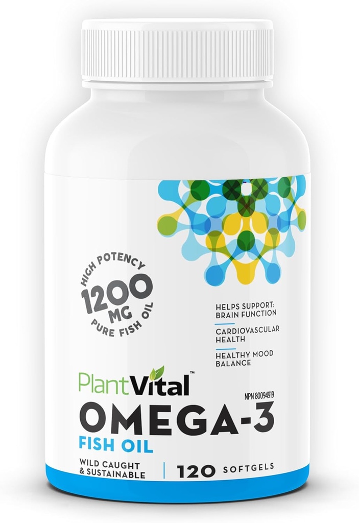 Capsules d'huile de poisson Omega 3 Plantvital - Supplément Omega 3 Pure Norwegian - Triple Strength - No Fish Flavor - Distillé moléculairement - Soutient la santé cognitive, articulaire, oculaire, des cheveux et du cœur - 120 Compte