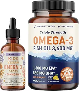 Omega 3 Huile de poisson Softgels et Omega 3 gouttes liquides pour les enfants EPA, DHA et huile d'algues pour le cœur, le cerveau et l'immune Soutien Omega 3 Bundle pour la famille entière