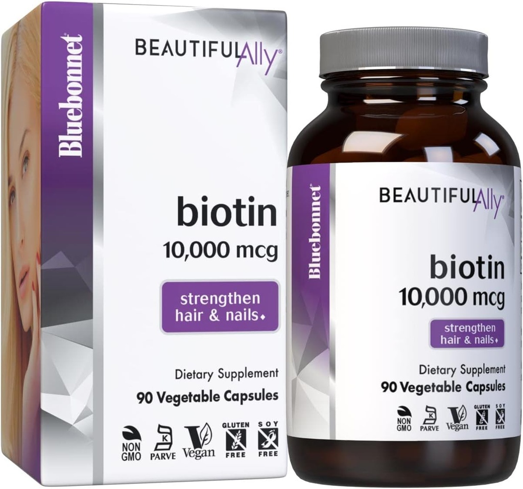 Bluebonnet Nutrition Belle Ally Biotin 10 000 mcg, Renforcer les cheveux et les ongles*, non-OGM, végétalien, kosher certifié, sans gluten, sans soja, 90 capsules végétales, 90 portions