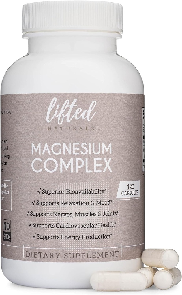 Complexe de magnésium - Lifted Naturals Supplément de magnésium avec/ Bisglycinate, Malate, Taurate - 120 Capsules - Biodisponible Formule de magnésium pour l'humeur, le sommeil, le soutien énergétique*