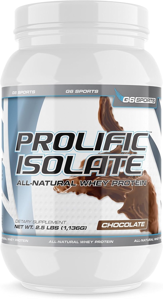 G6 Sports Nutrition Prolifique Isolé tout naturel Isolé aux protéines de lactosérum (sans gluten, sans lactose, sucré par Stevia, 25g de protéines, 100 calories) – pot de 2,5 lb – chocolat