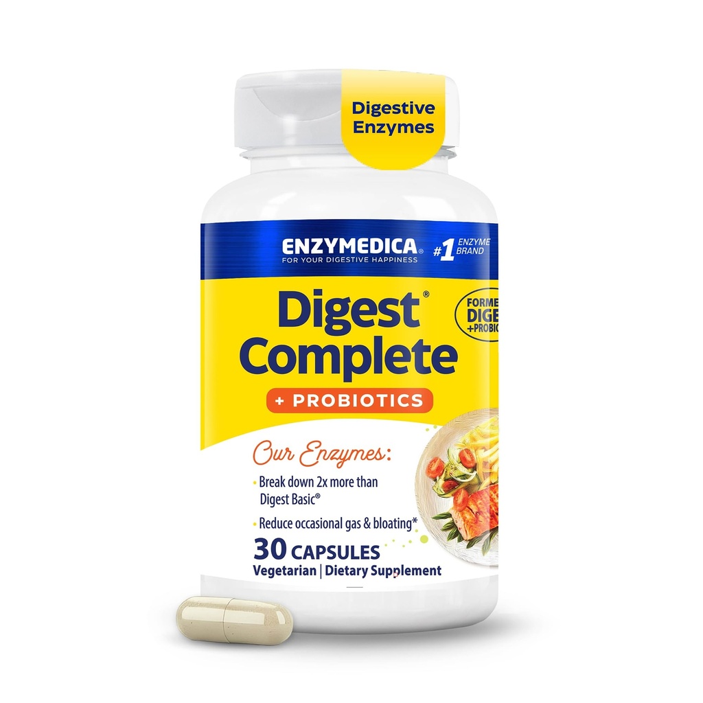 Enzymedica, Digest Complet + Probiotiques, Enzymes digestifs doux avec 400 millions de cultures actives UFC par gélule, 30 capsules