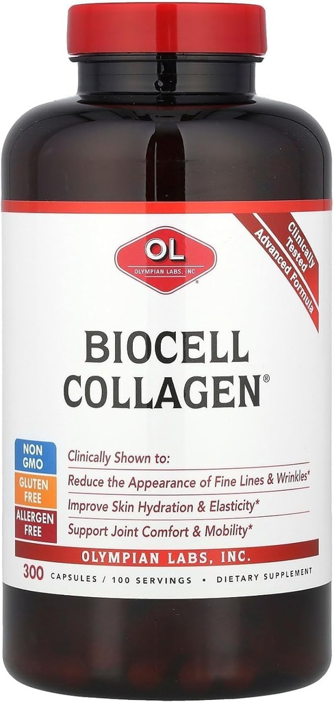 Olympian Labs Biocell Collagen II 1500mg Capsules supplémentaires Non-OGM, sans gluten, sans allergène - Supporte la peau et la santé articulaire et cellules productrices de cartilage - Bulk 300 Capsules (100 jours d'approvisionnement)