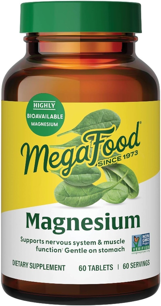 Magnésium MegaFood - Soutiens coeur et système nerveux - Supplément Magnésium avec Magnésium Fermenté Glycinate - Vegan, sans gluten, non-OGM et Kosher - Fabriqué sans 9 Allergènes alimentaires - 60 Tabs