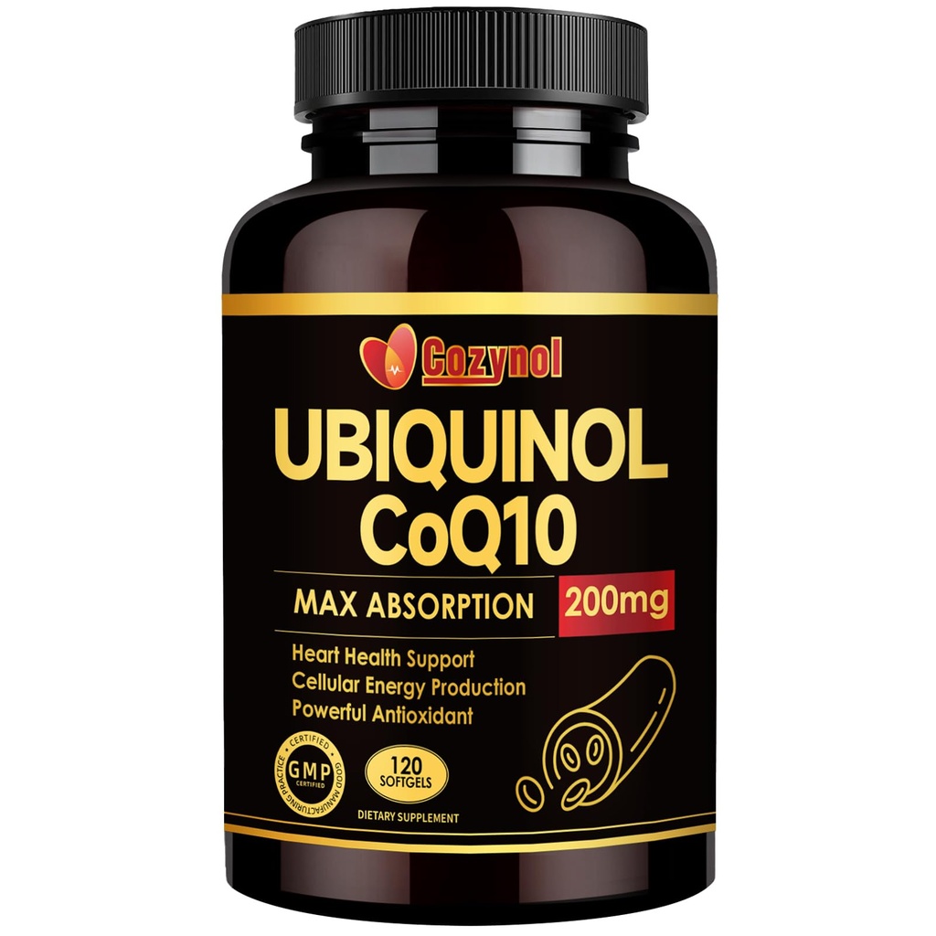 Ubiquinol CoQ10-200mg-Softgels avec vitamine E et Omega 3, Coenzyme d'absorption élevée Q10 soutenir la santé cardiaque et la production d'énergie puissant antioxydant, 120 comtes