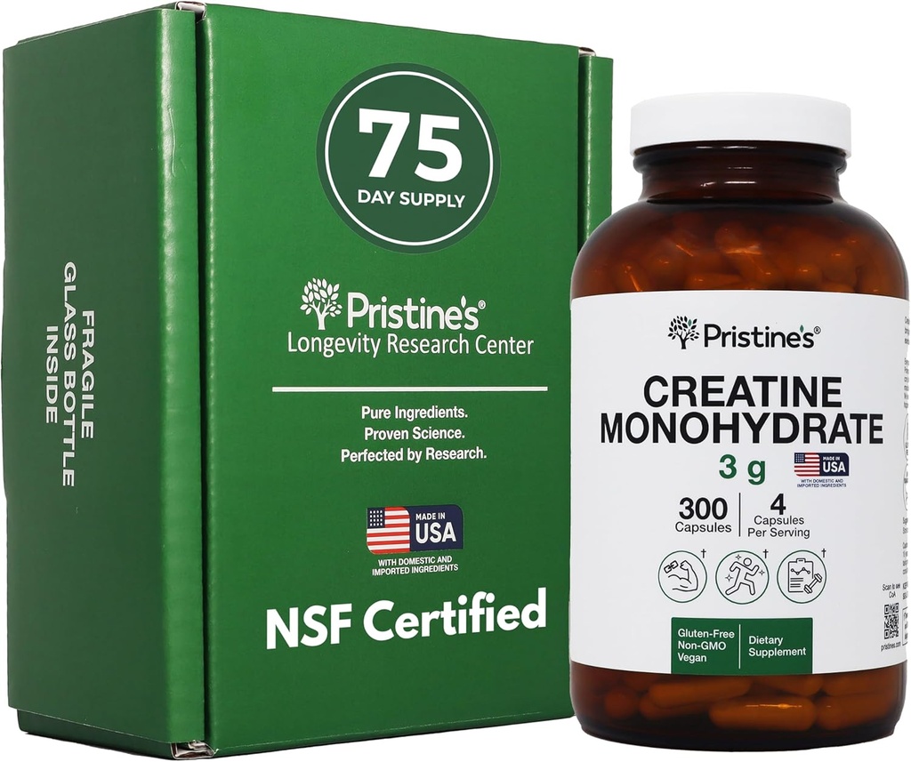 PRISTINE'S Creatine Capsules monohydratées pour femmes et hommes - NSF Certified 75 Day Supplement de soutien à la croissance musculaire 3G - Soutien à la performance cognitive et athlétique - Récupération améliorée