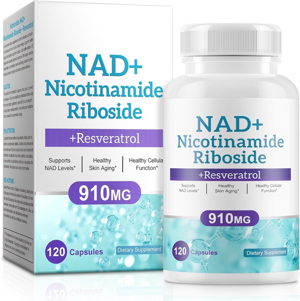 Supplément NAD pour les hommes et les femmes - Liposomal Nicotinamide Riboside, Quercetin, NAD+ Supplément avec Resveratrol 910mg - Supports Muscle, Cerveau, Énergie, 120 Capsules