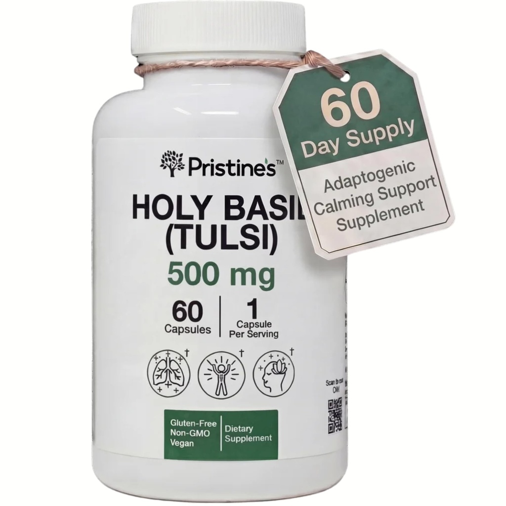 PRISTINE's Holy Basil Capsules - 500 mg Sans gluten Immunity & Relaxation Support Supplément adaptogène - 60 jours d'approvisionnement - Tulsi Holy Basil Leaf Extract Capsules - Vegan - Non-OGM