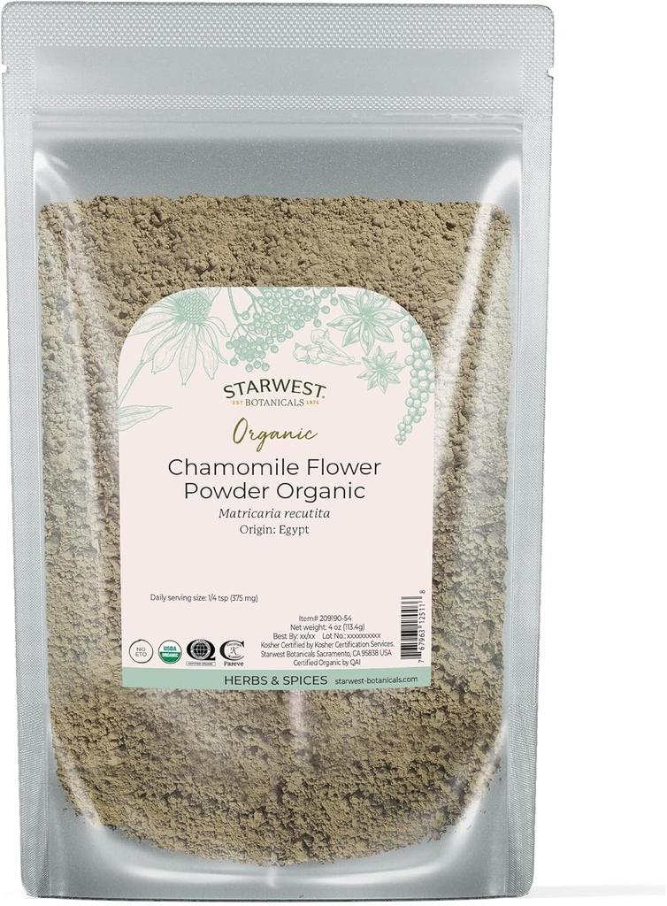 Starwest Botanicals Poudre de fleur de camomille biologique - Herbe à feuilles longues séchées pour thé, lotions à base de plantes et cuisson, provenant d'Egypte, Kosher certifié, Non-OGM - 4 oz Pouch