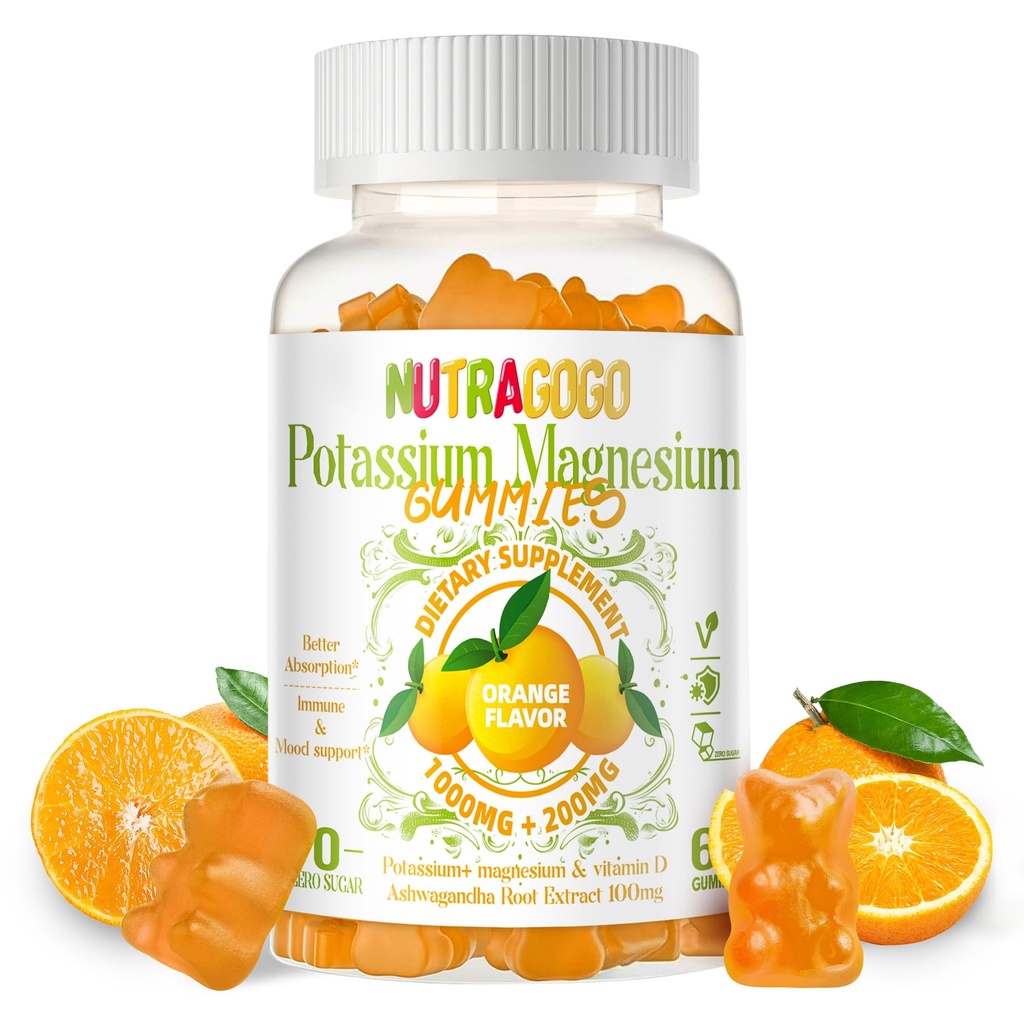 Potassium Magnésium Gommies, Supplément de potassium avec/Ashwagandha, High Absorption Magnésium Glycinate,B6,D3,Citrate de potassium pour les crampes des jambes, Muscle,Electroyte pour les adultes Enfants,Sans sucre, 60 Gommies