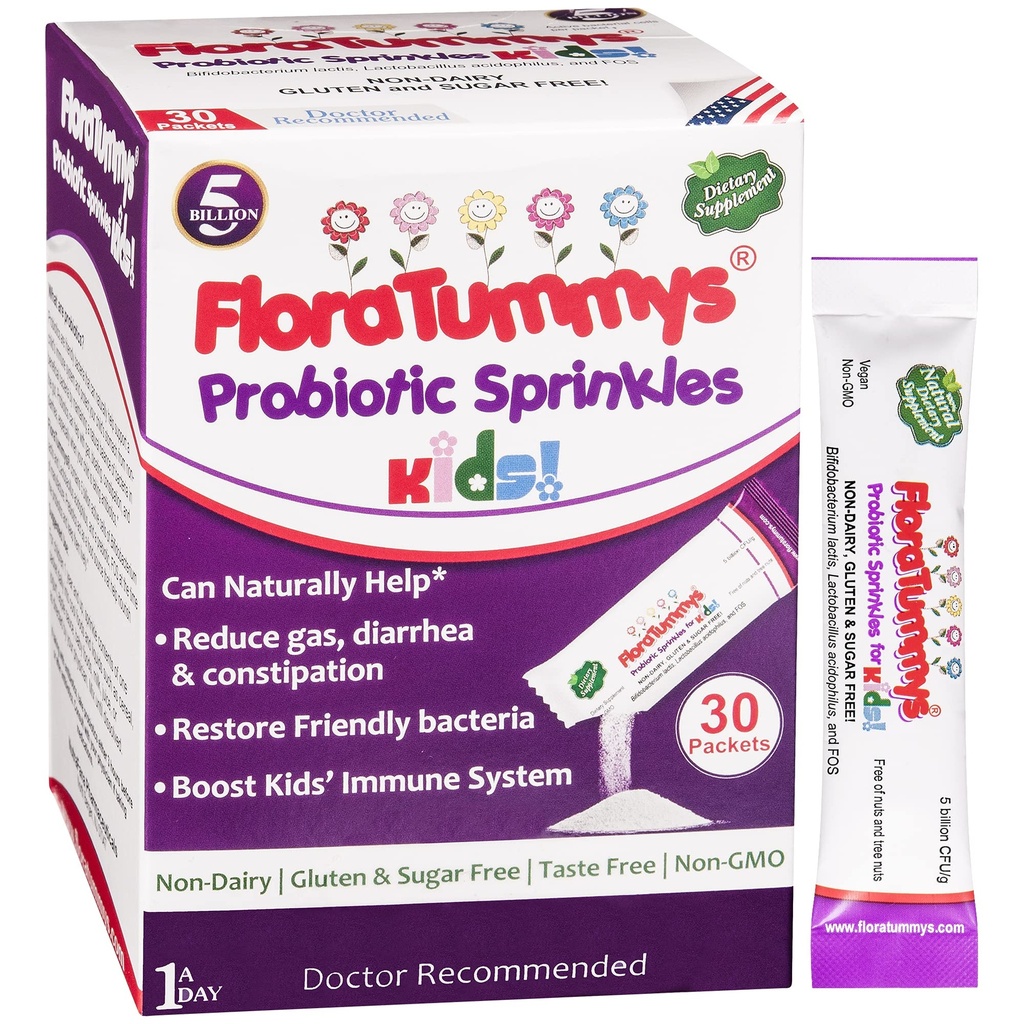 FloraTummys Probiotiques pour les enfants: 30 paquets de poudre sans goût, sans allergènes alimentaires, non laitiers, sans gluten, sans sucre, non OGM, végétalien