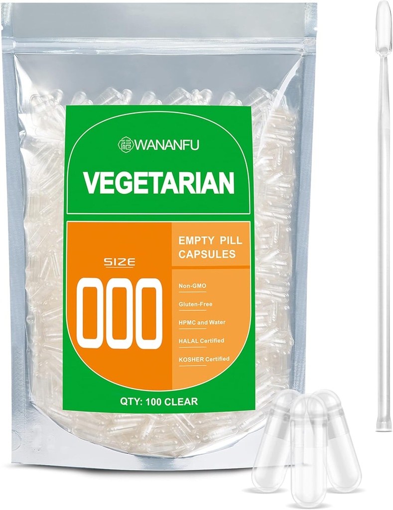 WANANFU Taille 000 Capsules vides Végétarien (100 Nombre) Bundle avec Micro Lab Spoon, Effacer Capsules Veggie Pill 1000 pour faire vos propres suppléments