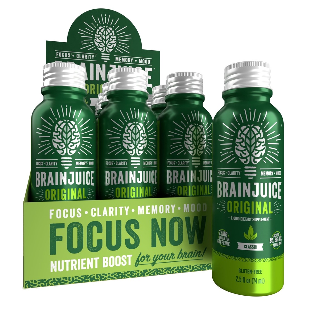 BrainJuice Focus & Energy Drink Shots, Nootropics avec Alpha GPC, B Vitamines et Thé Vert Bio Caféine, Supports Focus, Mémoire et Clarté, Non-OGM, Sans gluten, Classique, 2,5 fl oz, 12 Pack