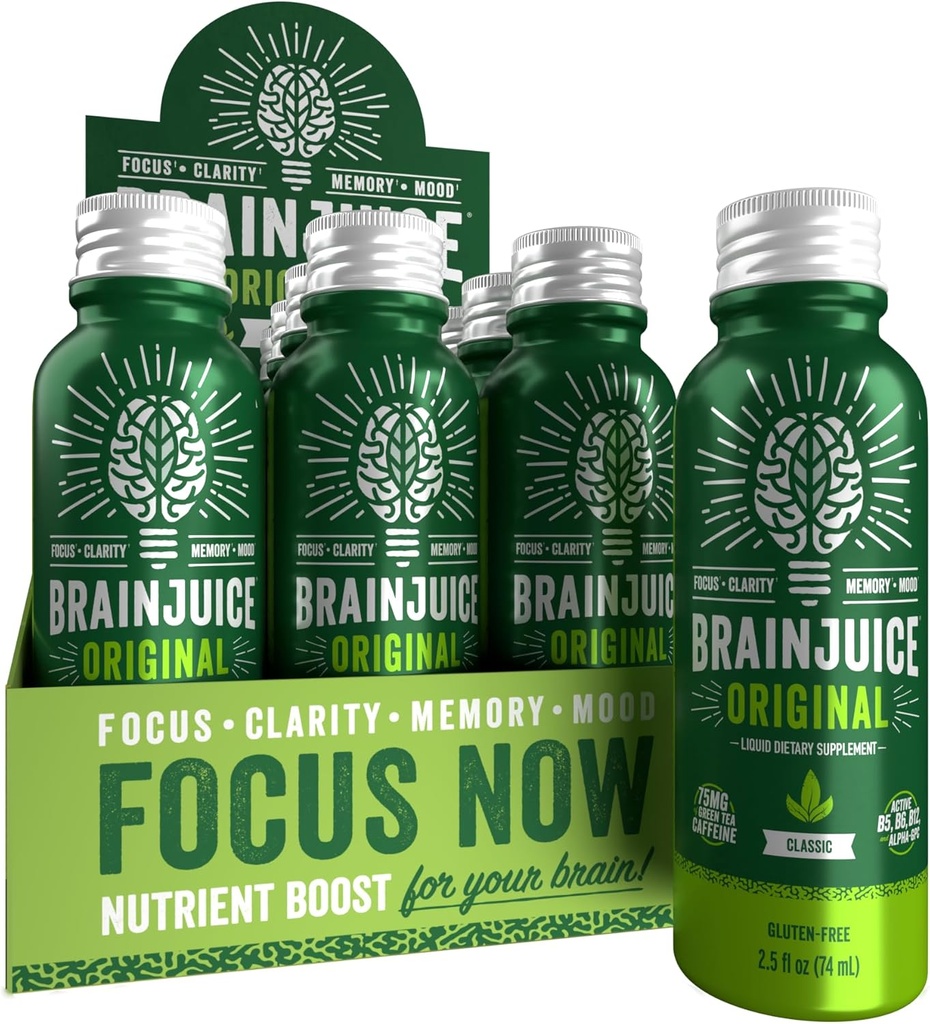 BrainJuice Focus & Energy Drink Shots, Nootropics avec Alpha GPC, B Vitamines et Thé Vert Bio Caféine, Supports Focus, Mémoire et Clarté, Non-OGM, Sans gluten, Classique, 2,5 fl oz, 12 Pack