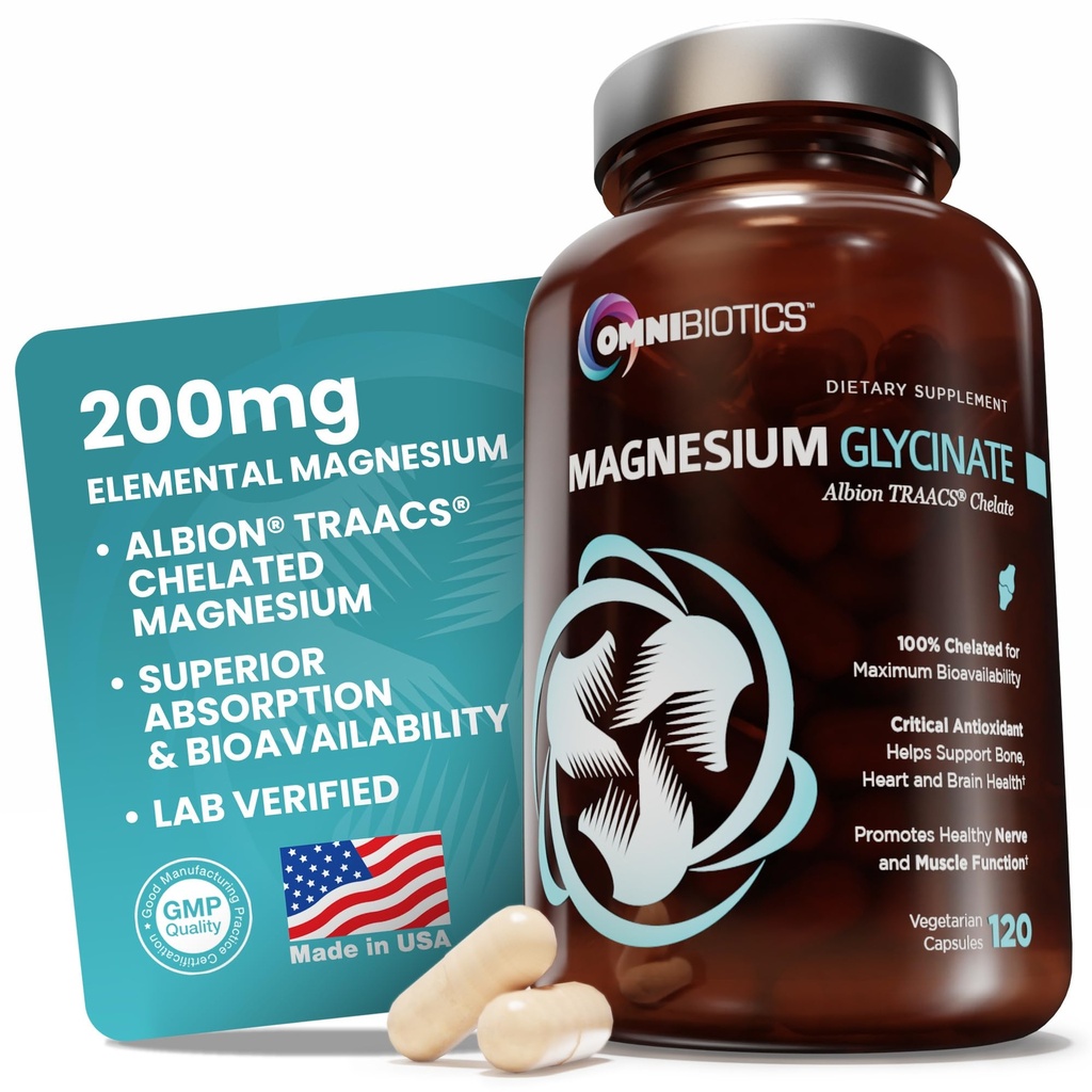OmniBiotics Magnesium Glycinate Supplement – with 100% Pure Albion TRAACS Bisglycinate Chelate for Sleep, Muscle, Nerve & Heart Health – 120 Vegan Capsules